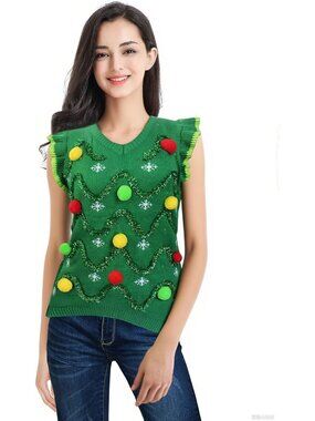 Green Medium Ugly Christmas Sweater for Women - Funny Reindeer Knit Vest